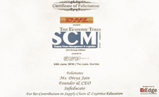 DIVYA JAIN, CEO, SAFEDUCATE GETS FELICITATED BY ET FOR SKILL DEVELOPMENT IN SUPPLY CHAIN & LOGISTICS